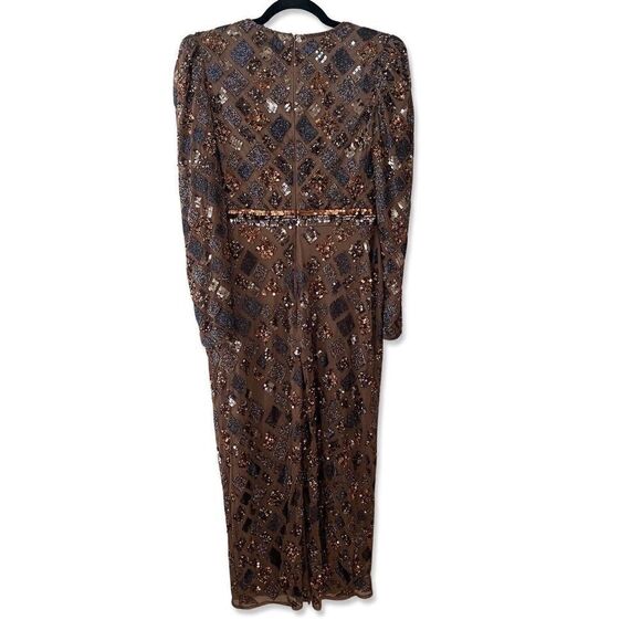 Mac Duggal Sz 4 Brown Chocolate Beaded Geometric Sheath Cocktail Evening Dress - Picture 7 of 12